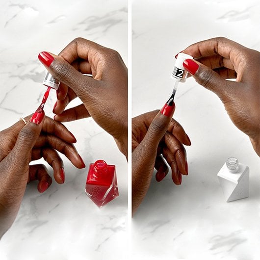 Side-by-side images of a model doing a gel manicure at home with essie gel couture nail polish